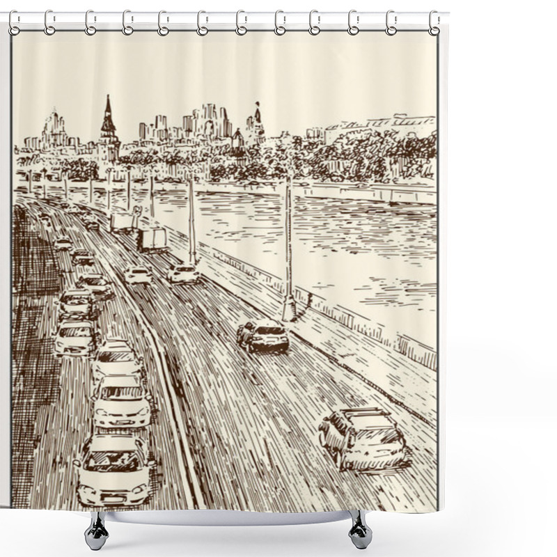 Personality  Russia.Moscow. Urban View Of The City Street With Buildings, People And Cars. Summer Day Black And White Hand Drawing With Pen And Ink. Sketch Style Shower Curtains