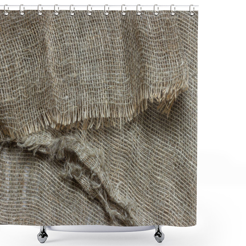 Personality  The Structure Of The Threads Of A Natural Burlap Fabric Close Up. Shower Curtains