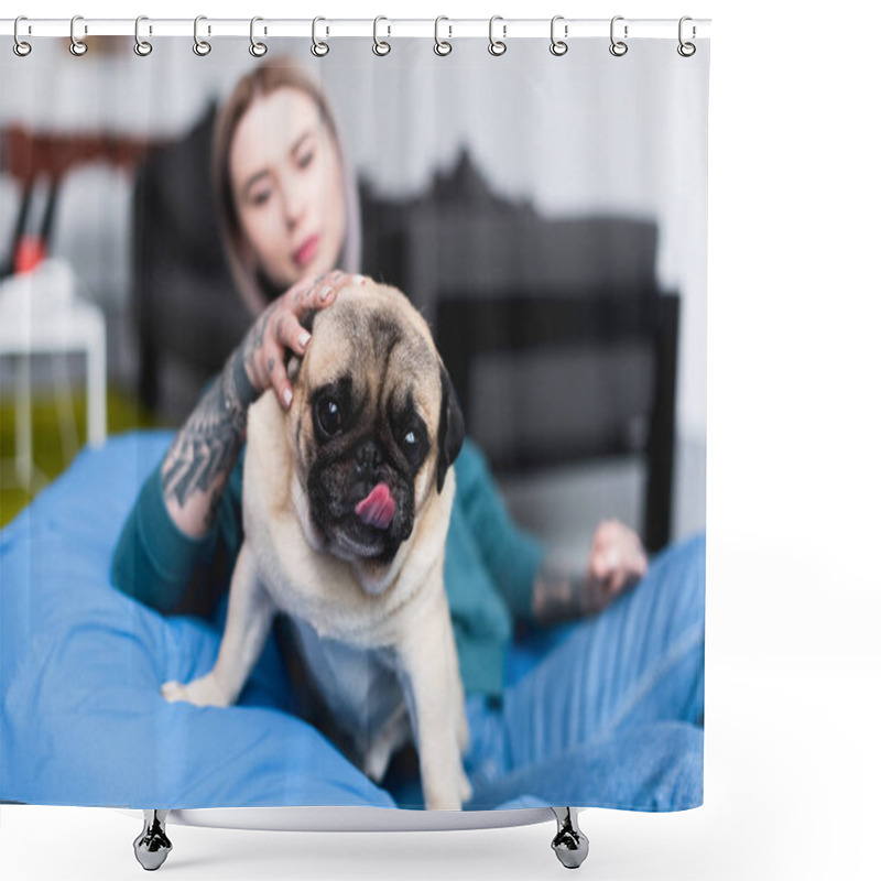 Personality  Beautiful Tattooed Girl Palming Pug Dog At Home Shower Curtains