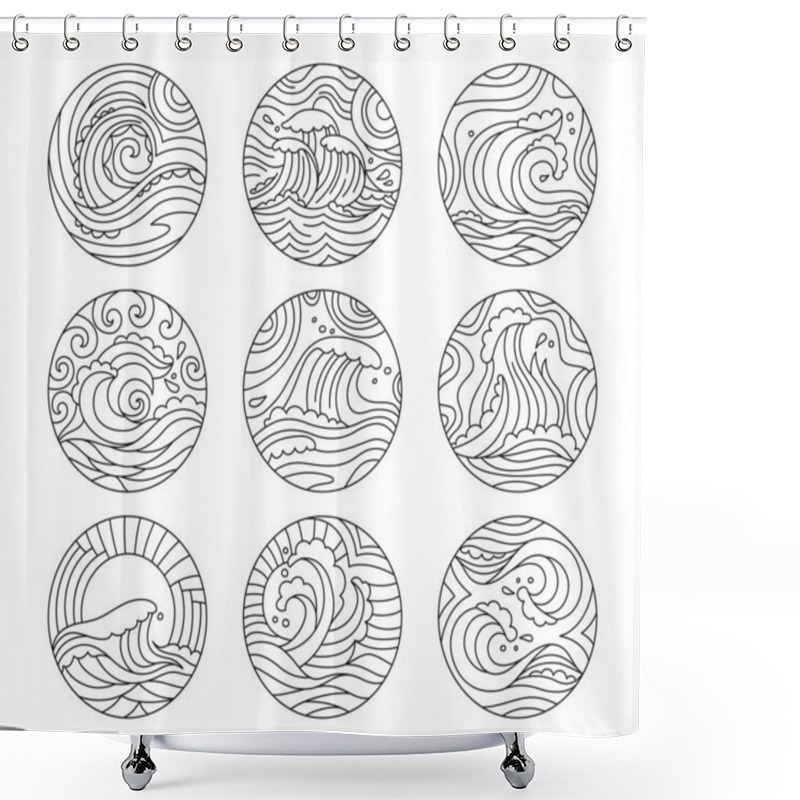 Personality  Sea Waves Doodle Round Pattern Set Ornament Vector Shower Curtains