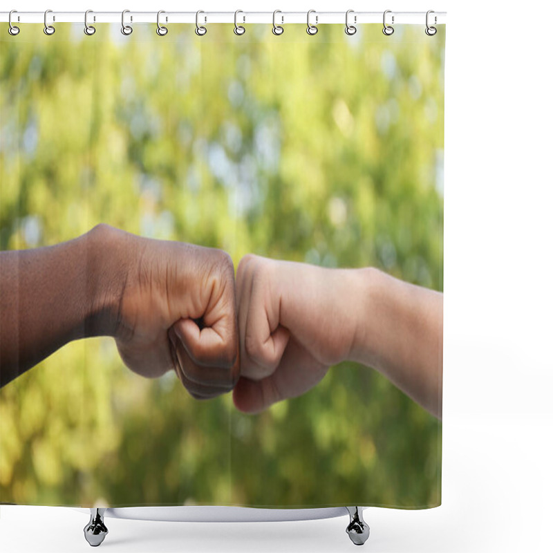 Personality  Men Making Fist Bump Outdoors, Closeup View Shower Curtains