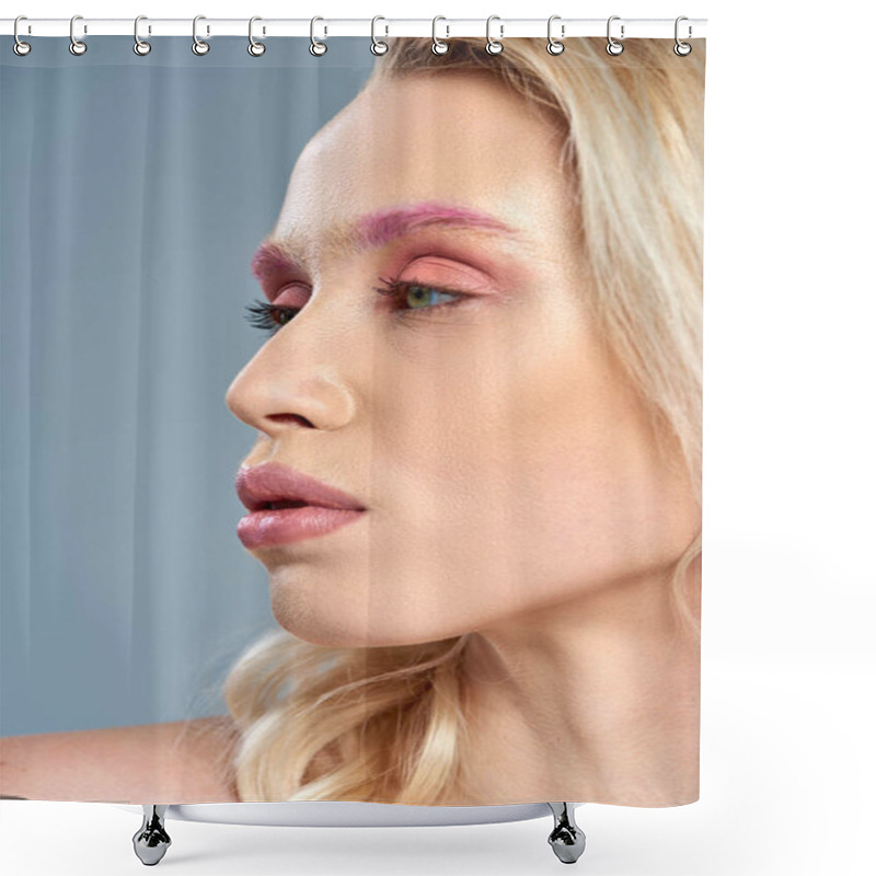 Personality  Close Up Of Model With Pink Eye Makeup And Blonde Hair Posing On Grey Backdrop, Feminine Beauty Shower Curtains