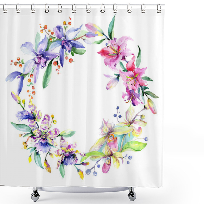 Personality  Frame With Pink And Purple Orchid Flowers. Watercolour Drawing Fashion Aquarelle Isolated. Ornament Border  Shower Curtains