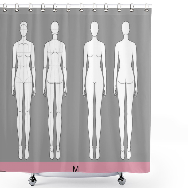 Personality  M Size Women Fashion Template 9 Nine Head Croquis Lady With And Without Main Lines Model Skinny Body Figure Front Back View. Vector Isolated Outline Sketch Girl For Fashion Design, Illustration Shower Curtains