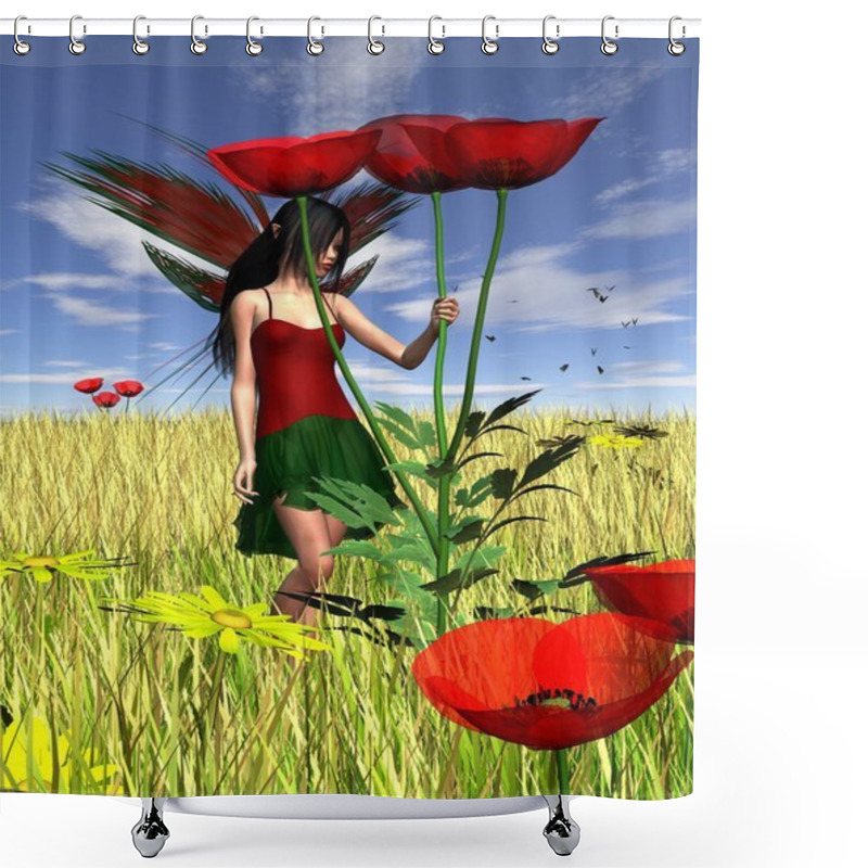 Personality  Red Poppy Fairy With Cornfield Background Shower Curtains