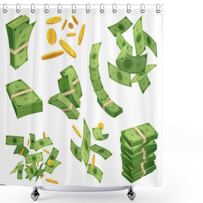 Personality  Cartoon Money And Coins Icon Set. Paper Cash, Bills Fly. Keeping Money In Bank. Green Banknotes Wealth, Accumulation And Inheritance. Flat Vector Money Illustration. Objects Isolated On White. Shower Curtains