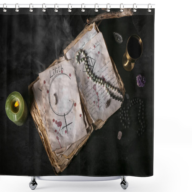 Personality  Witch's Magic Attributes With Spell Book On Dark Table Shower Curtains