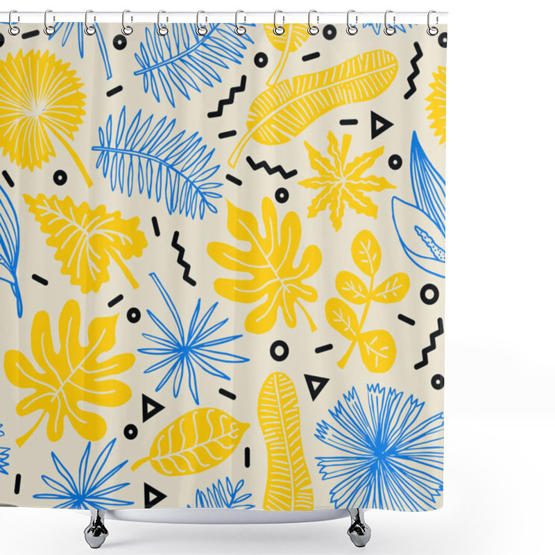 Personality  Vector Seamless Pattern With Tropical Leaves. Summer Background With Palm Leafs, Rainforest Foliage, Jungles, Geometric Elements In Bright Color. Tropic Floral Texture In Memphis Style. Fun Print Shower Curtains