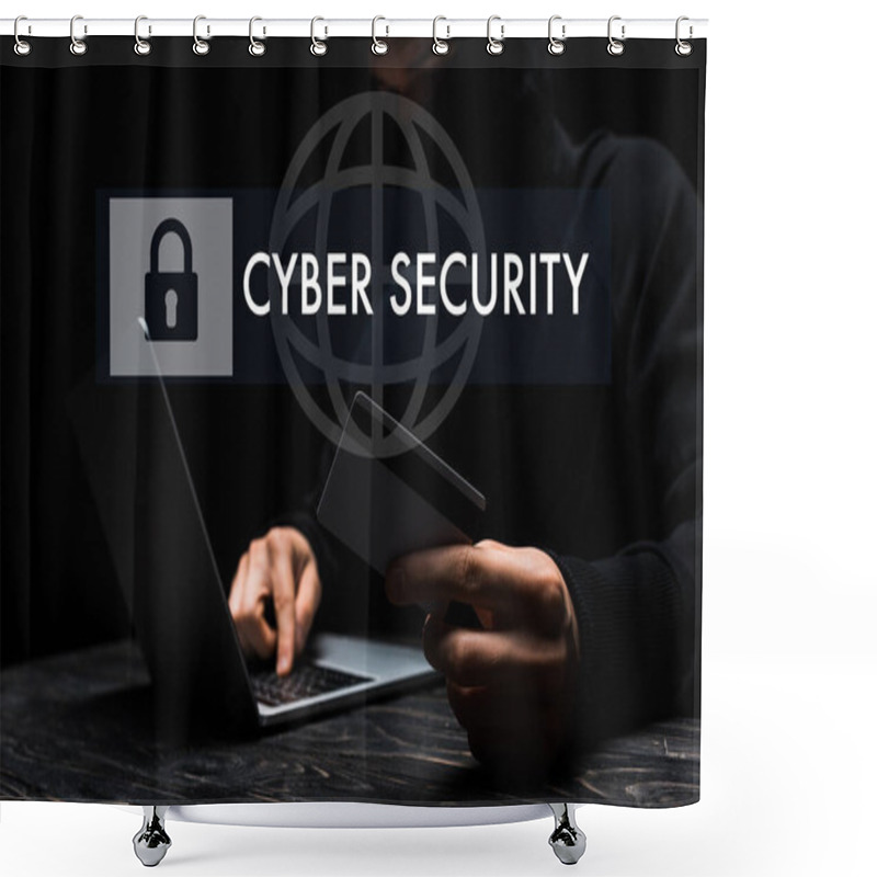 Personality  Selective Focus Of Hacker In Mask Using Laptop While Holding Credit Card Near Cyber Security Lettering On Black  Shower Curtains