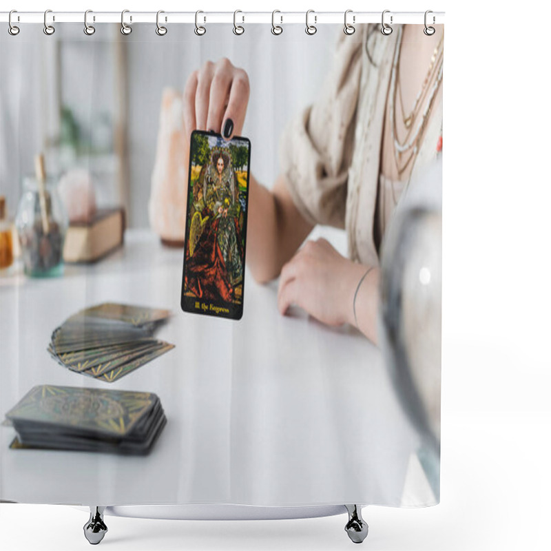 Personality  KYIV, UKRAINE - FEBRUARY 23, 2022: Cropped View Of Soothsayer Holding Tarot Card At Home  Shower Curtains