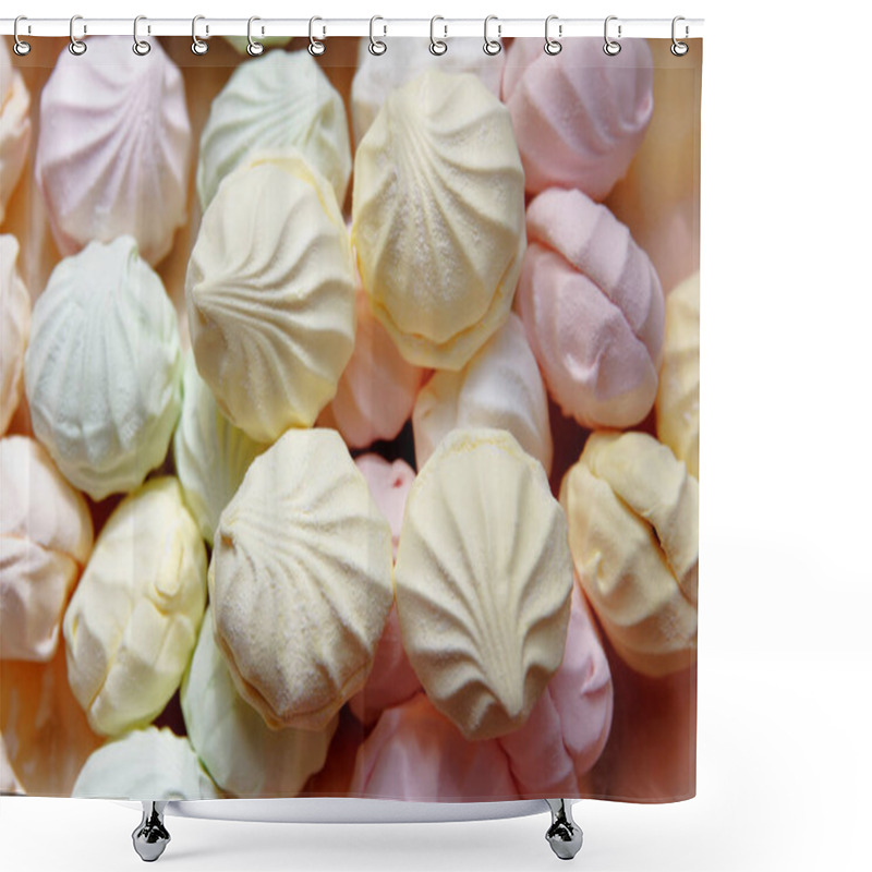 Personality  Marshmallow Production. Fresh, Sweet, Multi-coloured Marshmallows Just Cooked At A Confectionery Factory Are Sent For Packing Shower Curtains