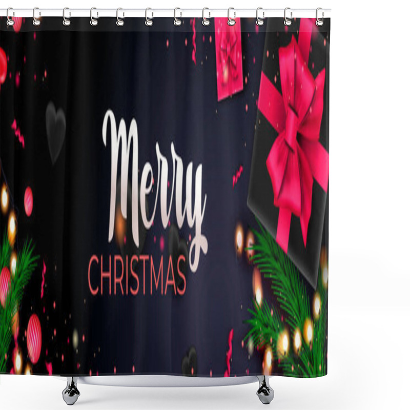 Personality  Merry Christmas 2022 Banner. Xmas Holiday Celebration Poster. Dark Background With Festive Decor, Gifts, Garland, Balls, Ribbons, Hearts. Vector Illustration With Realistic Elements For Header Website Shower Curtains