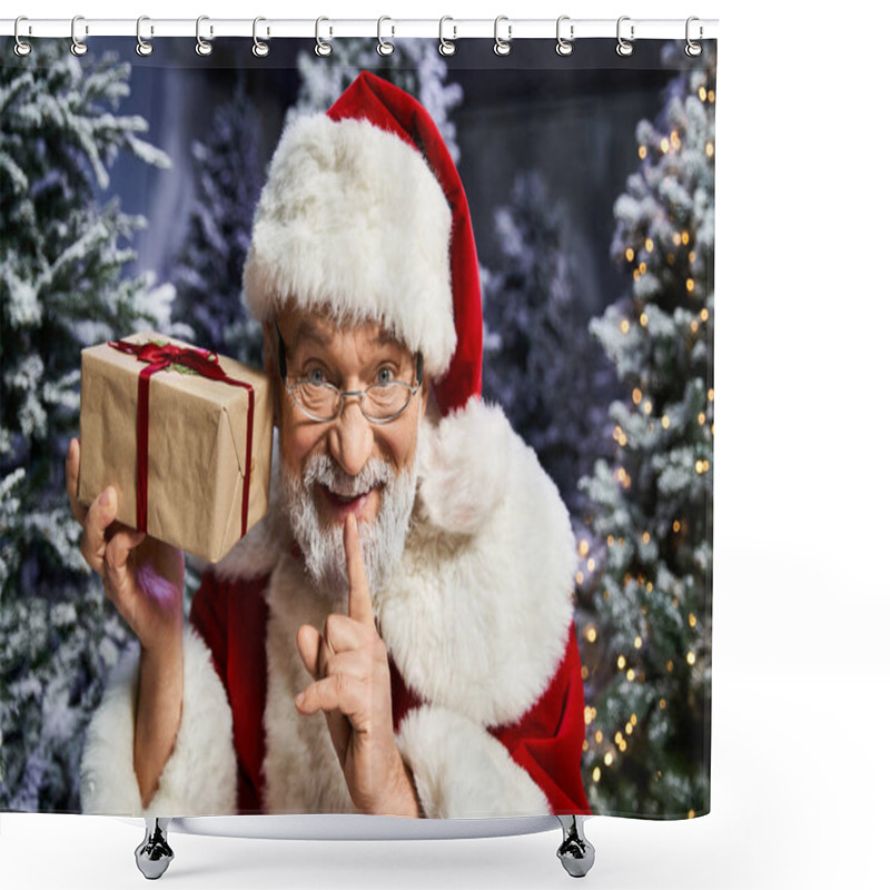 Personality  A Joyful Santa Claus With A Wrapped Gift Brings Holiday Cheer Amidst Winter Trees. Shower Curtains