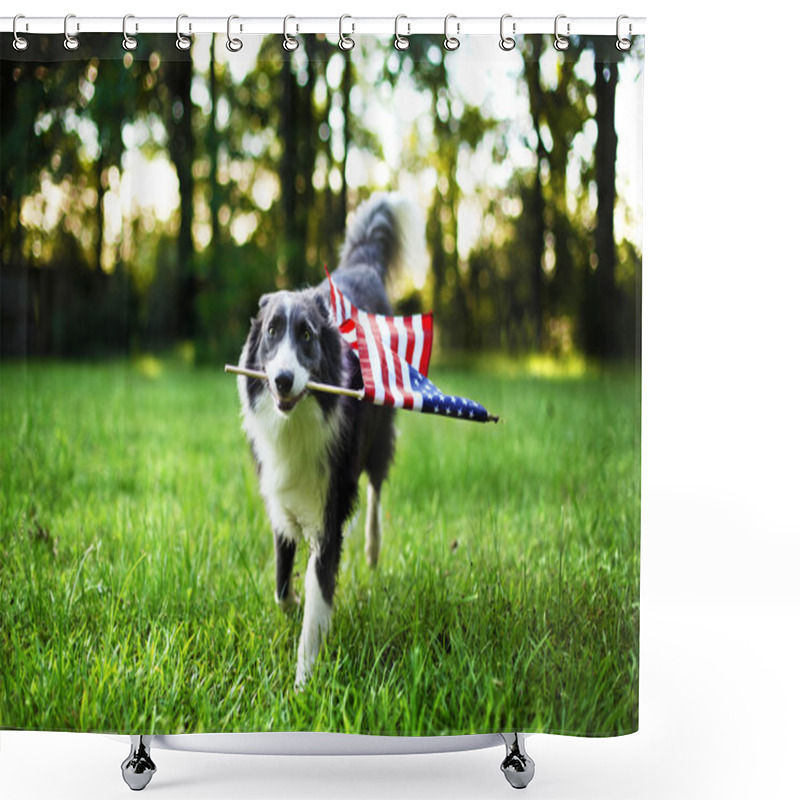 Personality  Happy Dog Playing Outside And Carrying The American Flag Shower Curtains