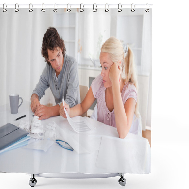 Personality  Stressed Couple Doing Accounts Shower Curtains