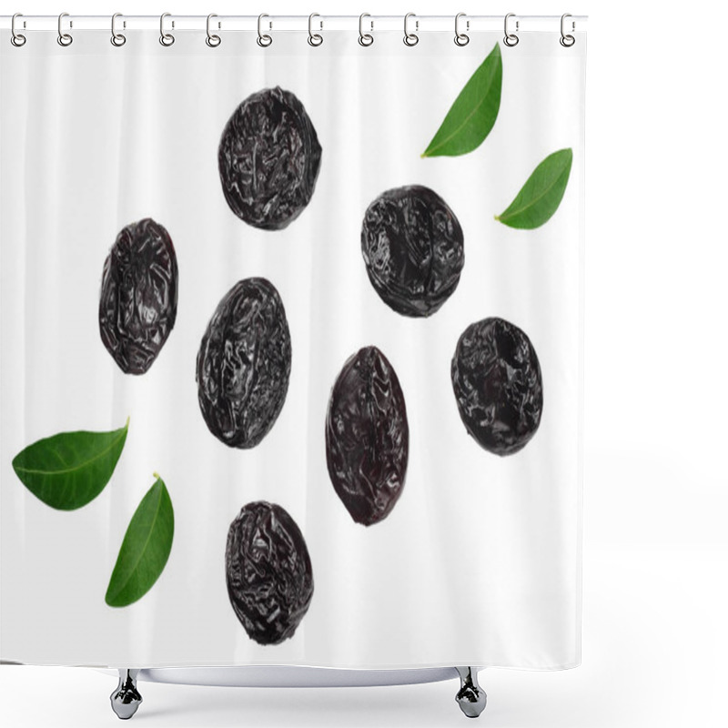 Personality  Dried Plums - Prunes With Green Leaves Isolated On White Background. Top View Shower Curtains