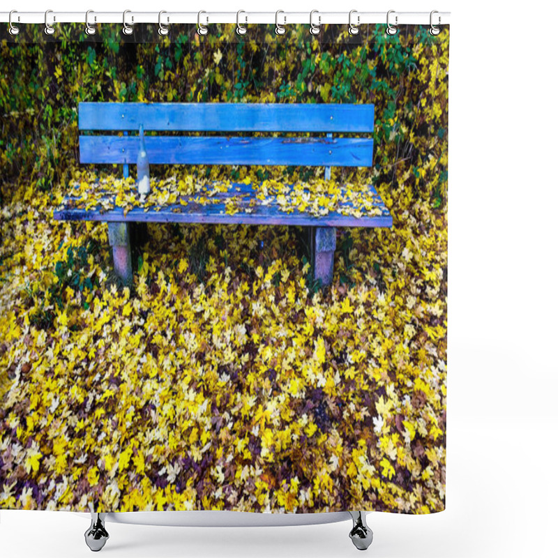 Personality  Blue Wooden Park Bench Among Yellow Autumn Leaves. High Quality Photo Shower Curtains