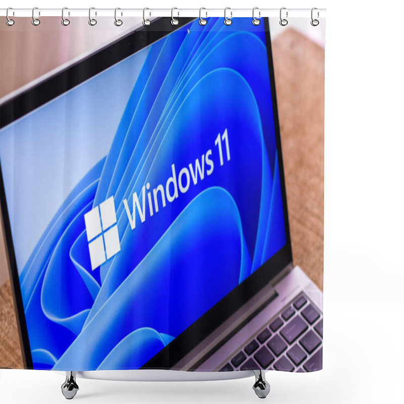 Personality  DIBRUGARH, INDIA - Jun 25, 2021: Assam, India  June 17, 2021  Windows 11 Logo On Laptop Screen Stock Image. Shower Curtains