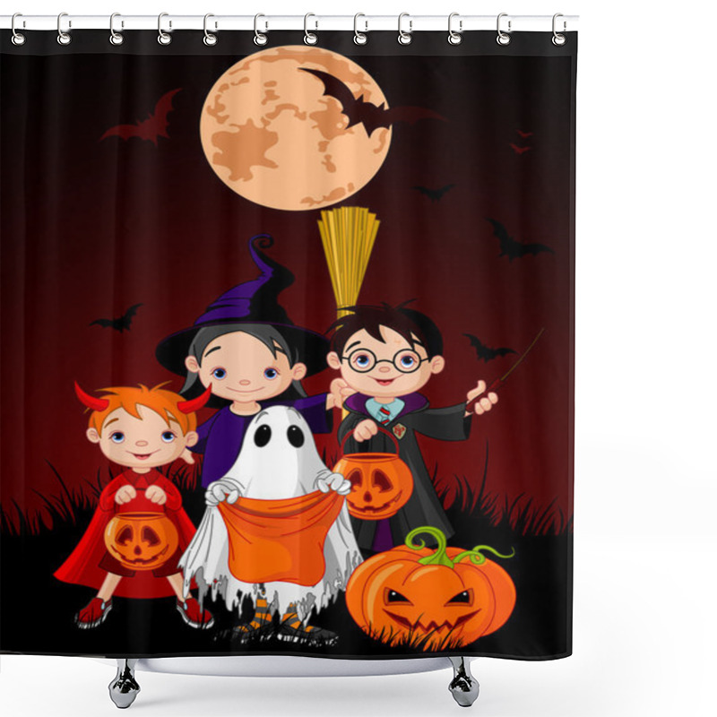 Personality  Halloween Background With Trick Or Treating Children Shower Curtains