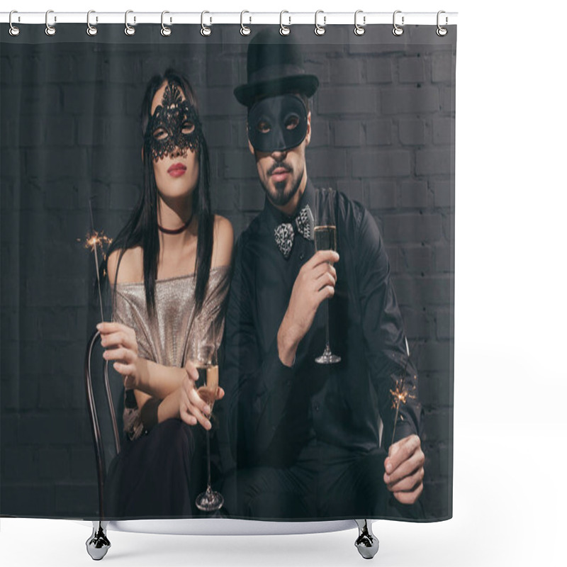 Personality  Multicultural Couple In Christmas Masks With Sparkles Shower Curtains