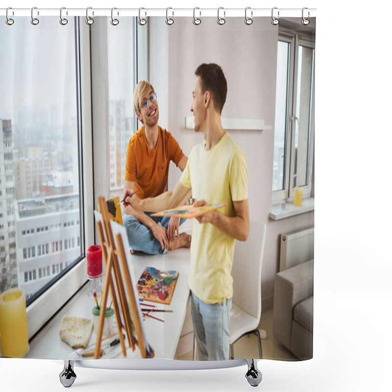 Personality  Cheerful Man Painting Picture And Chatting With Boyfriend At Home Shower Curtains