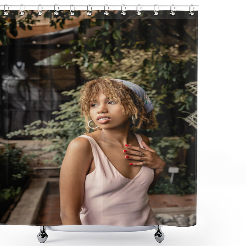 Personality  Portrait Of Stylish Young African American Woman In Headscarf And Summer Dress Touching Chest And Standing In Blurred Indoor Garden, Woman In Summer Outfit Posing Near Lush Tropical Plants Shower Curtains