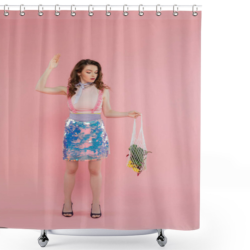 Personality  Housewife Concept, Attractive Young Woman Posing And Gesturing Like A Doll, Holding Reusable Mesh Bag With Groceries, Stylish Wife Doing Daily House Duties, Standing On Pink Background  Shower Curtains