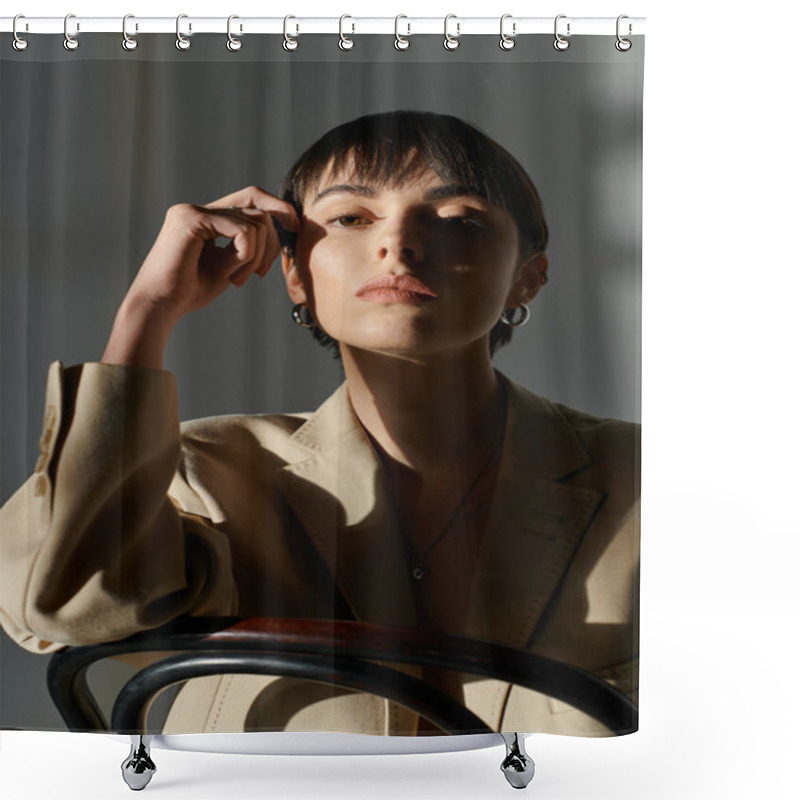 Personality  A Woman With Short, Dark Hair Poses In A Light-filled Room, Sitting On A Chair. Shower Curtains