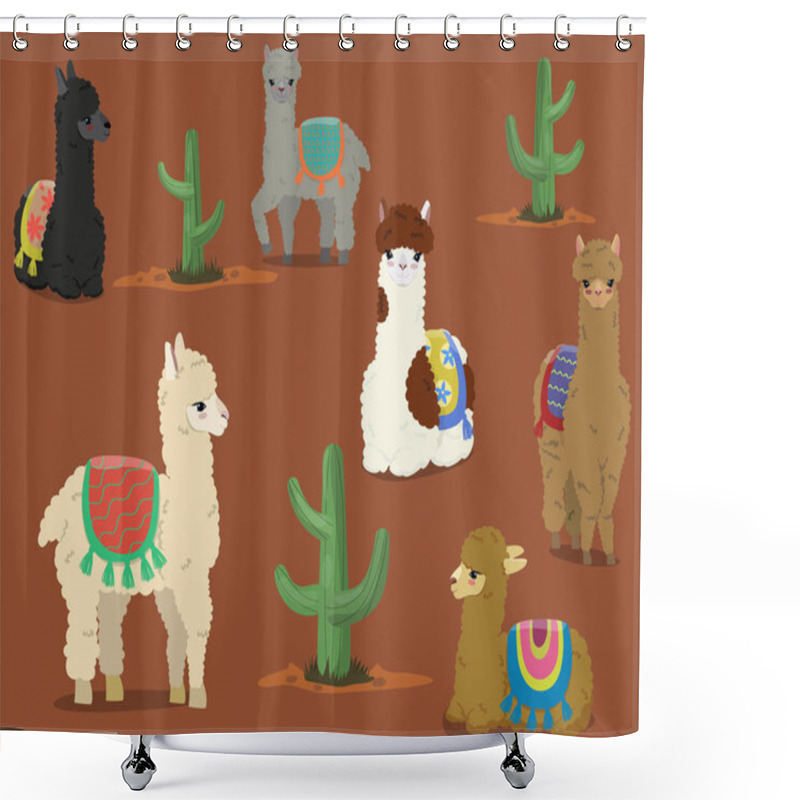 Personality  A Collection Of Cute Alpacas And Cacti. Vector Set. Shower Curtains