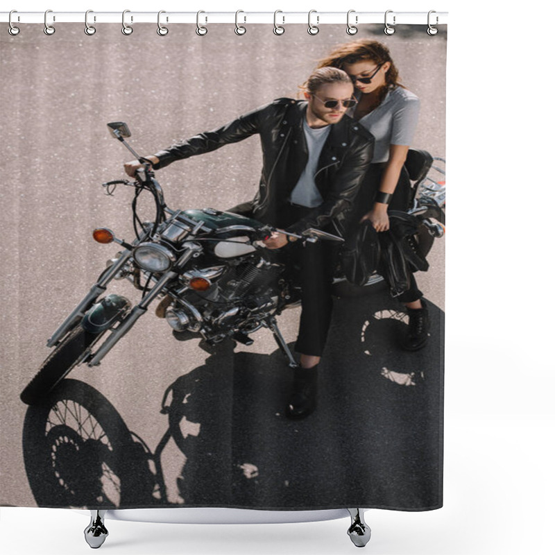 Personality  Couple Of Bikers Sitting On Classic Motorbike On Asphalt Road Shower Curtains