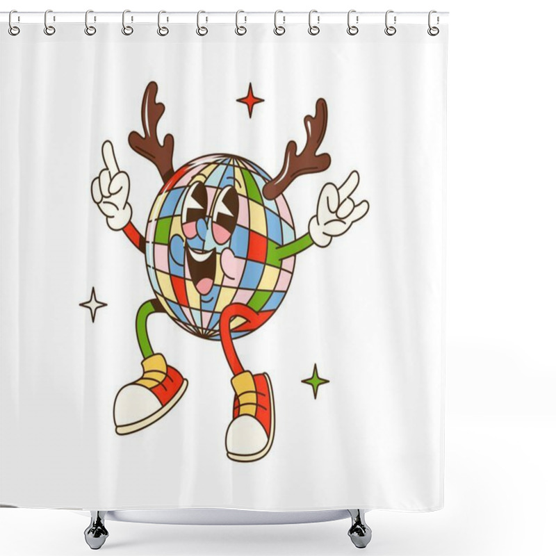 Personality  Cartoon Groovy Christmas Disco Ball Character. Vector Festive Retro Personage With Colorful Facets, Reindeer Horns And Cheerful Smile Happily Dancing Adds Playful And Lively Vibe To Xmas Celebration Shower Curtains