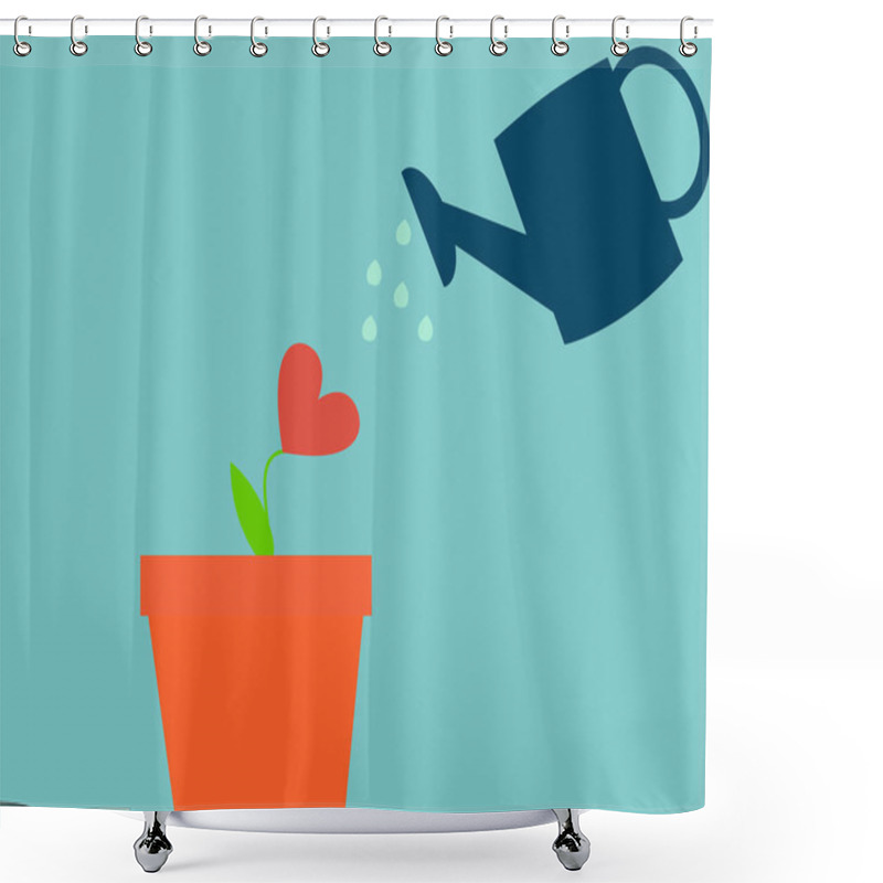 Personality  Grow Love. Flower In A Pot Watered From A Watering Can. Vector Illustration Shower Curtains