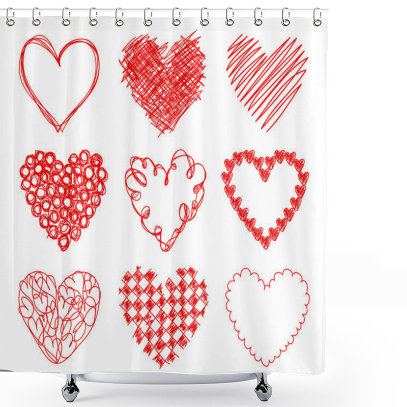 Personality  Set Of Nine Graphic Drawn Red Hearts Shower Curtains