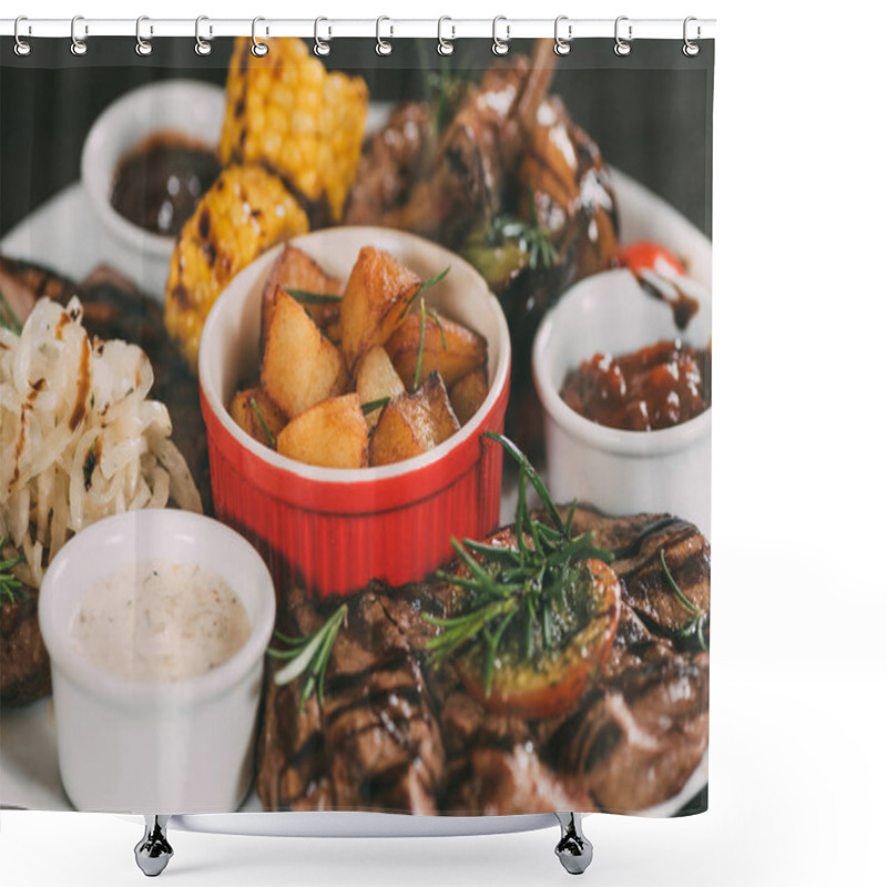 Personality  Close-up View Of Grilled Vegetables, Roasted Chicken Wings And Beef Steaks With Potatoes On Plate Shower Curtains