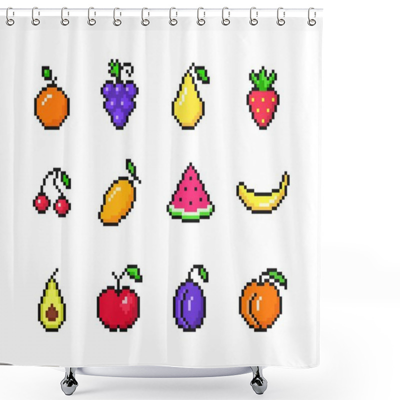 Personality  Tropical Pixel Fruits Set. Simple Ripe Banana With Red Strawberries And Blue Plum. Yellow Sweet Mango With Red Apple And Cherries For Vector 8bit Design Shower Curtains