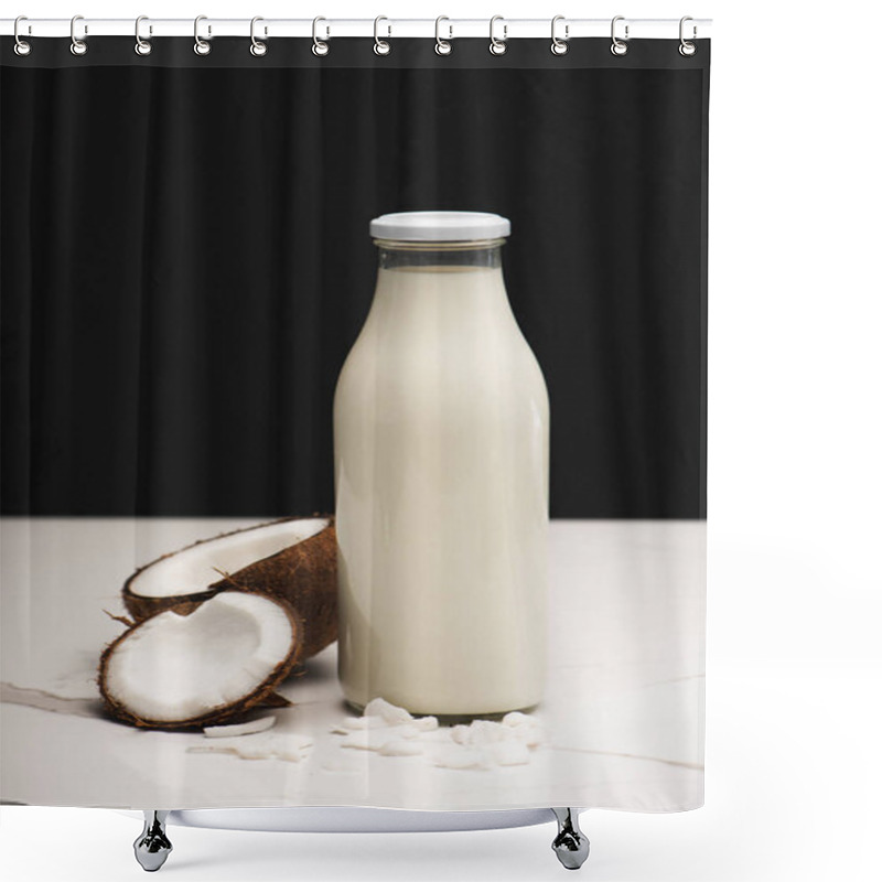 Personality  Coconut Halves, Flakes, And Bottle Of Milk On White Surface Isolated On Black Shower Curtains