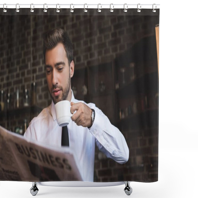 Personality  Businessman Drinking Coffee And Reading Newspaper Shower Curtains