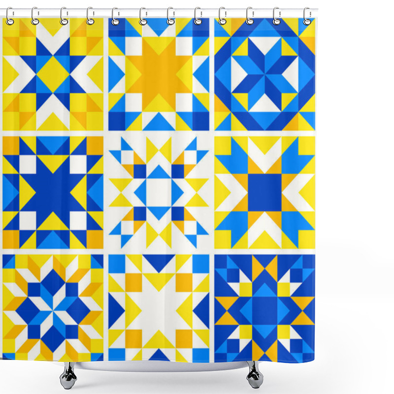 Personality  Geometric Star Pattern Inspired By Duvet Patchwork Quilting. Yellow And Blue Abstract Background In Ukrainian Traditional Colors. Seamless Vector Pattern. Quilt Block Template. Floor Ceramic Tiles. Shower Curtains