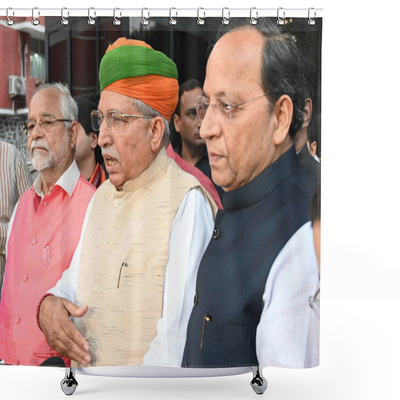 Personality  NEW DELHI INDIA NOVEMBER 11 2024 BJP Delegation Comprising Arjun Ram Meghwal Arun Singh Om Pathak Sanjay Mayukh And Shehzad Poonawalla Leaves After Meeting With Election Commission Of India ECI At Nirvachan Sadan On November 11 2024 In New Delhi Indi Shower Curtains