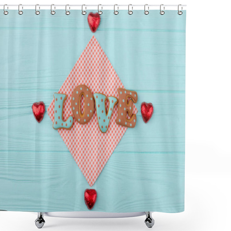 Personality  Blue And Brown Letters Love From Cookies. Shower Curtains