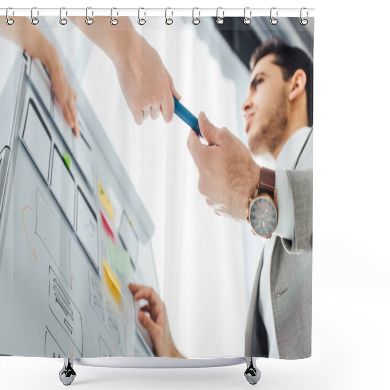 Personality  Low Angle View Of Ux Designer Giving Marker To Colleague Near Layouts On Whiteboard In Office  Shower Curtains