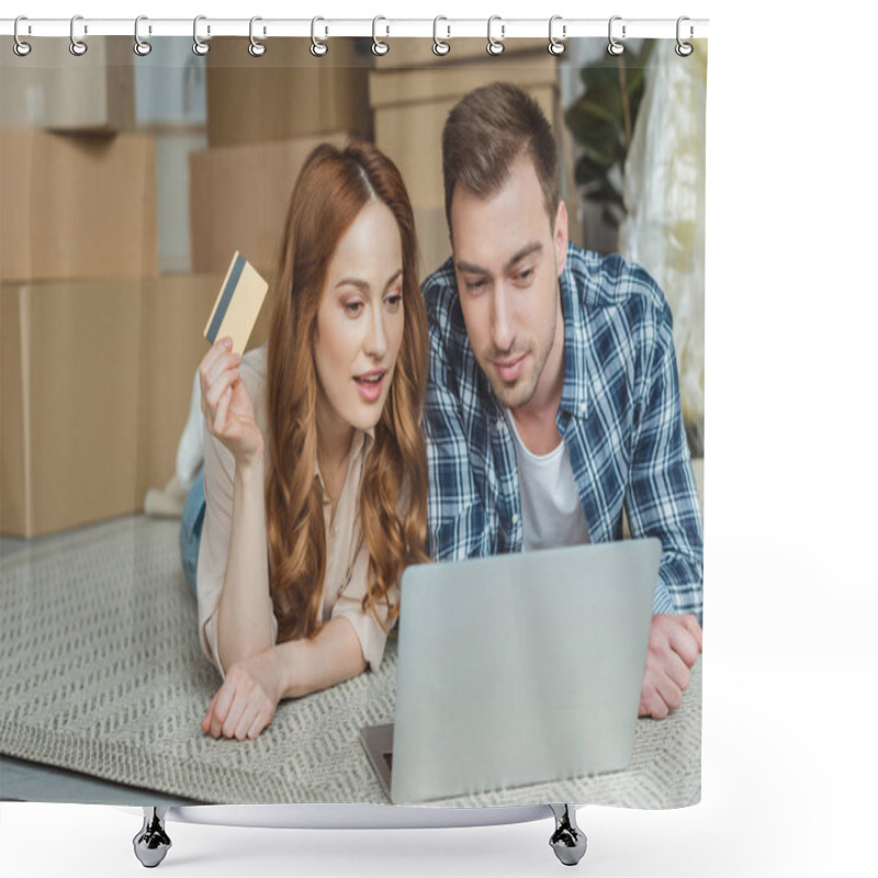 Personality  Couple Buying Goods Online Together At New Home, Moving House Concept Shower Curtains