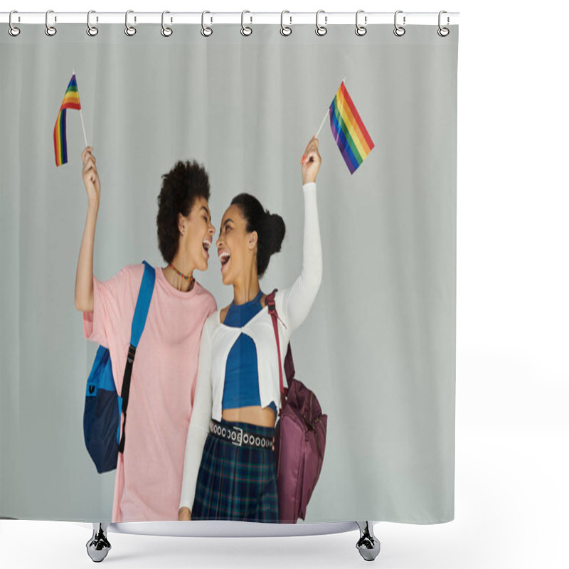 Personality  Two Friends Joyfully Wave Rainbow Flags, Celebrating Their Pride And Unity In A Bright Atmosphere. Shower Curtains