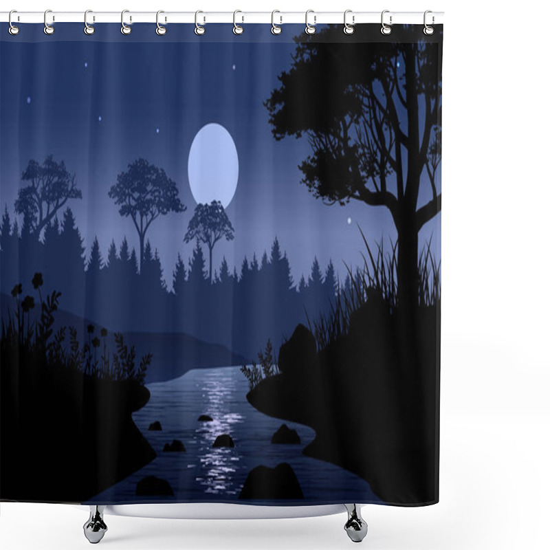 Personality  River And Forest Night Landscape Illustration Shower Curtains