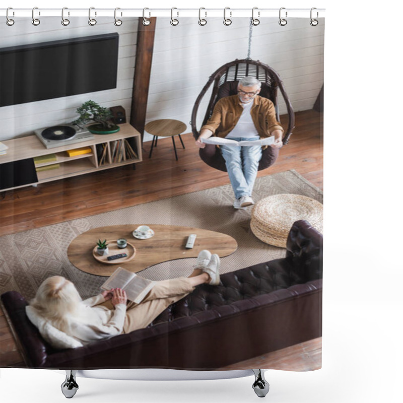 Personality  Overhead View Of Woman Reading Book On Couch Near Husband With Newspaper In Hanging Chair  Shower Curtains