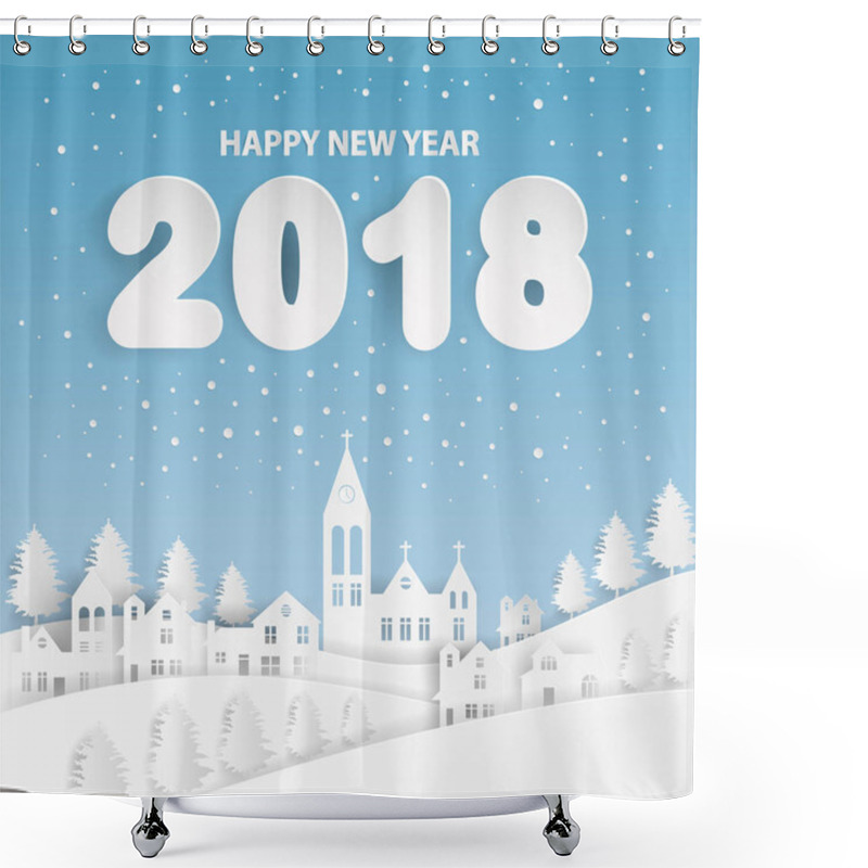 Personality  Happy New Year 2018 Text Design With Country Village And Winter  Shower Curtains