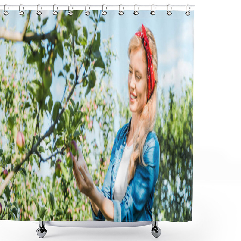 Personality  Attractive Farmer Touching Apple On Tree In Garden  Shower Curtains