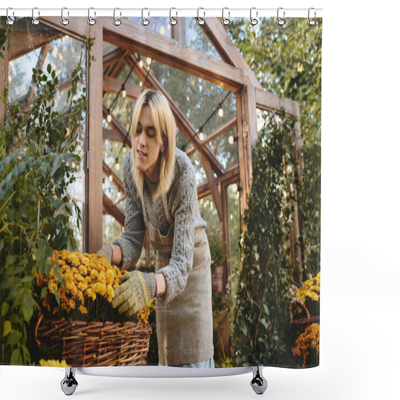 Personality  In A Sunny Greenhouse, A Young And Handsome Man Carefully Arranges Bright Yellow Flowers In Woven Baskets. Surrounded By Lush Greenery, They Exude Passion For Gardening And Nature. Shower Curtains