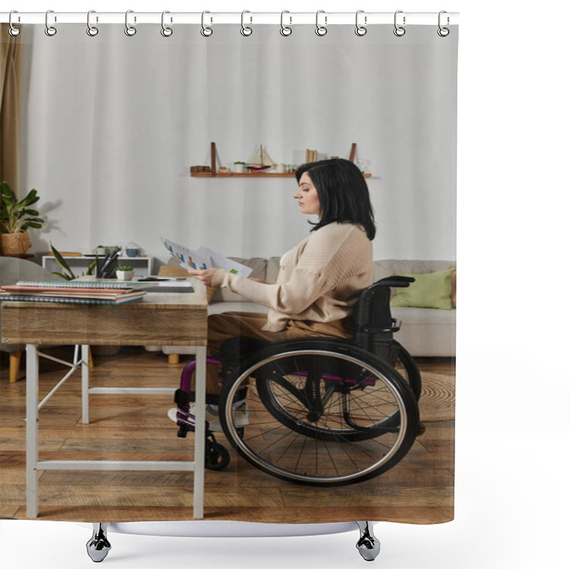 Personality  A Woman In A Wheelchair Sits At A Desk Reviewing Documents, Focusing Intently On The Pages. Shower Curtains