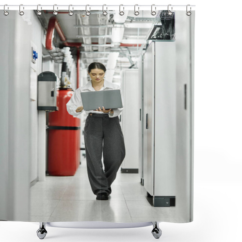 Personality  An IT Specialist Maneuvers A Server Room With A Laptop, Keeping Systems Running Smoothly. Shower Curtains